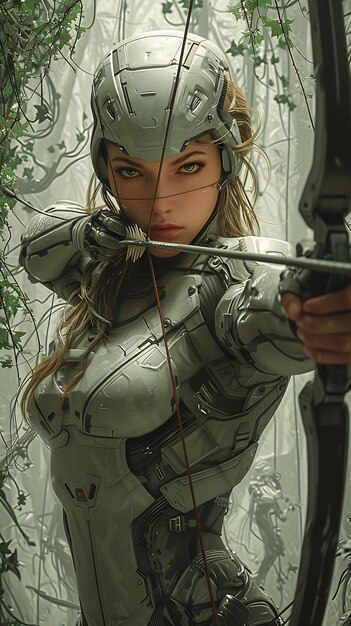 A screenshot showcasing the detailed character design of Eve, highlighting her combat suit and weaponry. The background features a derelict city with advanced technology and signs of intense battles, emphasizing the game's setting.