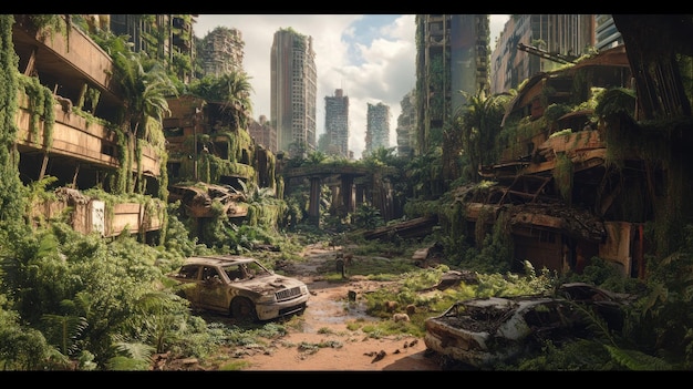 A panoramic view of a devastated cityscape, showcasing the game's impressive graphics and environmental design. Futuristic structures are intertwined with overgrown vegetation, highlighting the contrast between technology and nature.