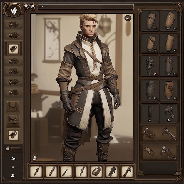 A character customization screen from Elden Ring, showcasing the detailed options available for adjusting the character's appearance, stats, and equipment. A variety of armor sets and weapons are displayed.