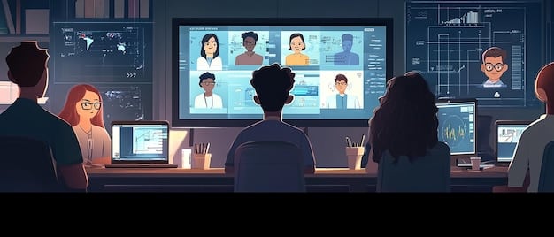 A group of employees in a training session, attentively listening to a cybersecurity expert who is presenting on a screen with a warning sign illustration.