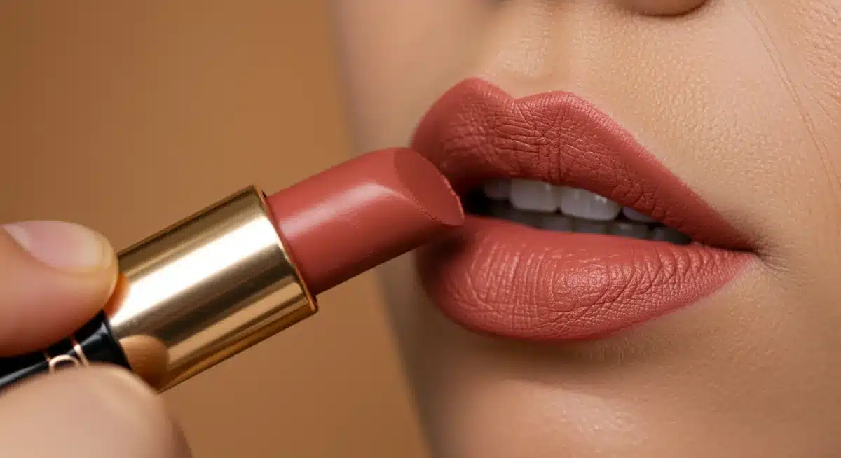 Aplicação de batom terracota, destacando a textura e a precisão da maquiagem para o outono.