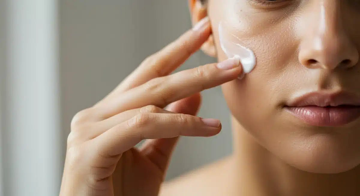 Mão aplicando hidratante suavemente no rosto, pele hidratada e macia.