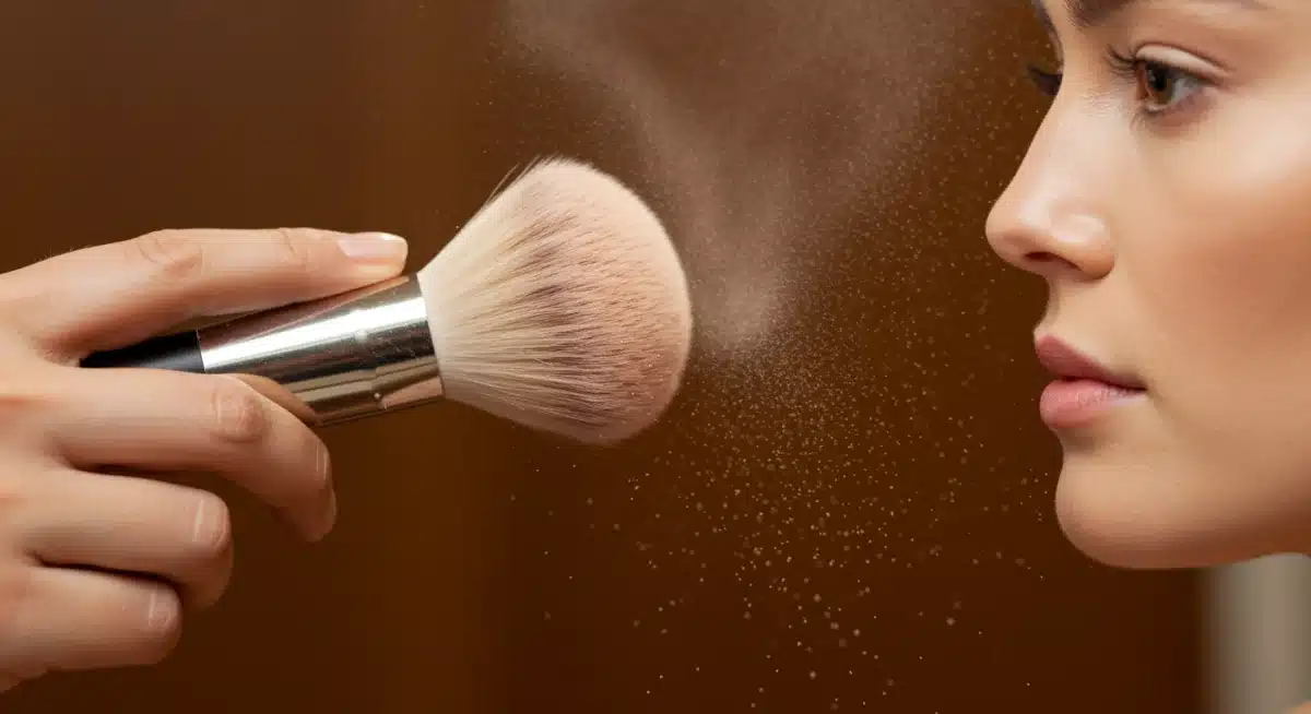 Mão aplicando pó translúcido no rosto com um pincel de pó fofo, demonstrando técnica de maquiagem para acabamento perfeito.