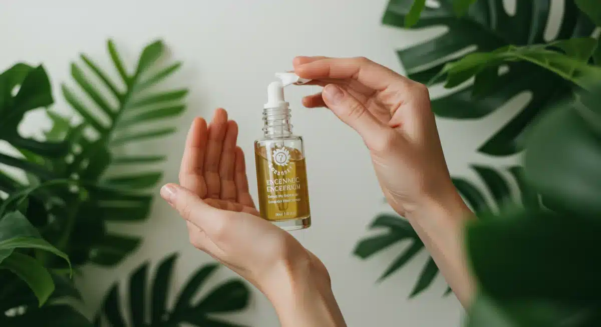 Mãos aplicando sérum facial natural com fundo de folhagens verdes e luz suave.