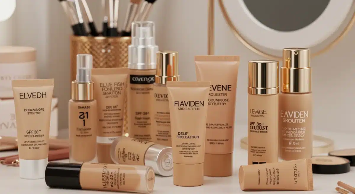 Diversas bases com FPS 30+ ou superior, dispostas em uma bancada de maquiagem