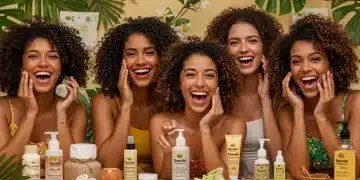 Mulheres brasileiras diversas aplicando produtos de beleza natural com embalagens sustentáveis, em um cenário de natureza exuberante, simbolizando a beleza consciente.