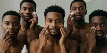 Homens modernos aplicando produtos de skincare em suas rotinas de beleza matinal.
