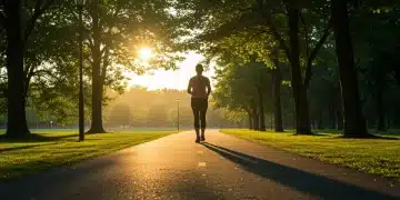 Pessoa caminhando em parque ao nascer do sol, simbolizando bem-estar e conexão corpo-mente.