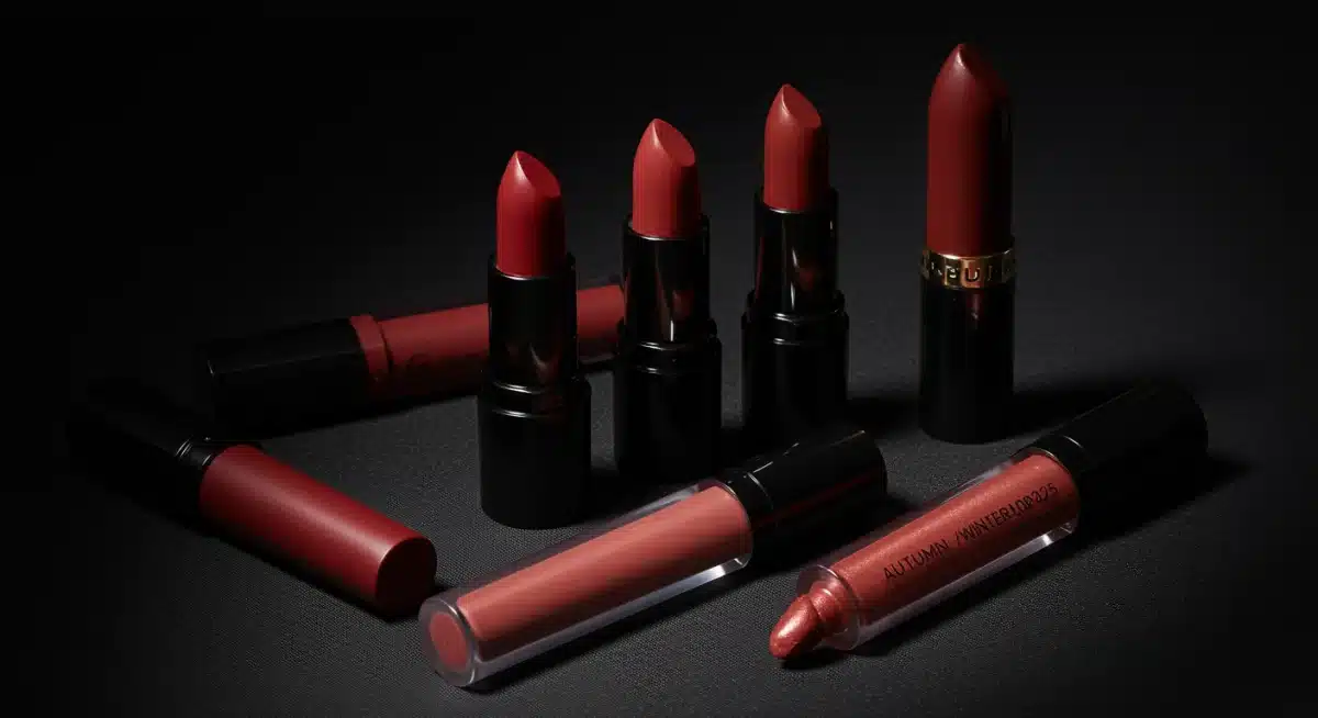 Variedade de batons matte e glosses brilhantes, representando as tendências de lábios para 2025.
