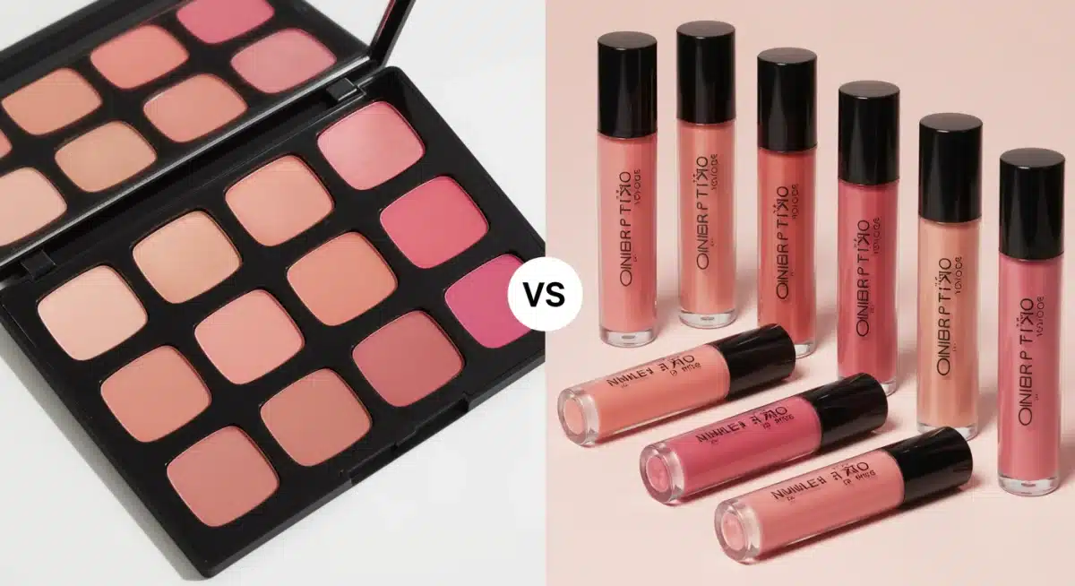 Comparativo visual de paletas de blush em pó e tubos de blush líquido, mostrando a diversidade de texturas e embalagens.