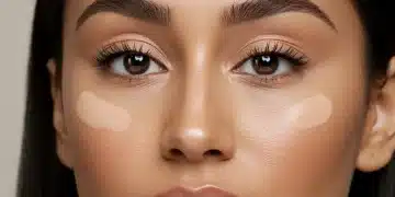 Close-up de corretivo impecável sob os olhos, sem craquelar, em uma pele radiante e bem cuidada.