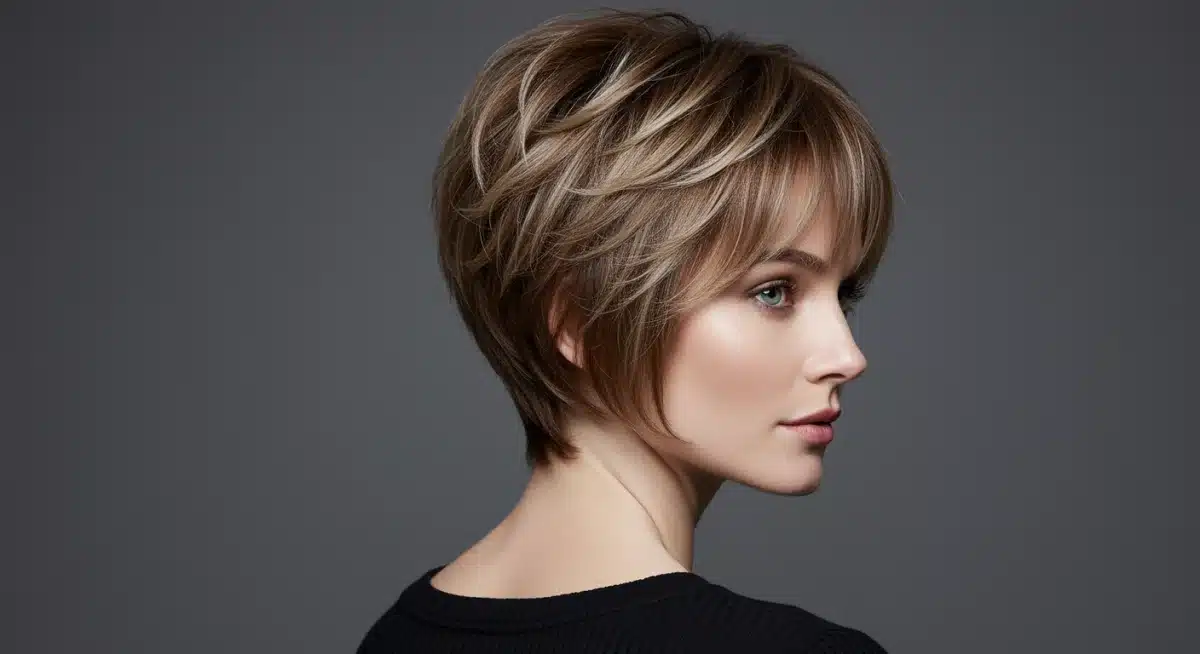 Modelo exibindo o corte Bixie, uma fusão entre bob e pixie, com camadas texturizadas e movimento natural.