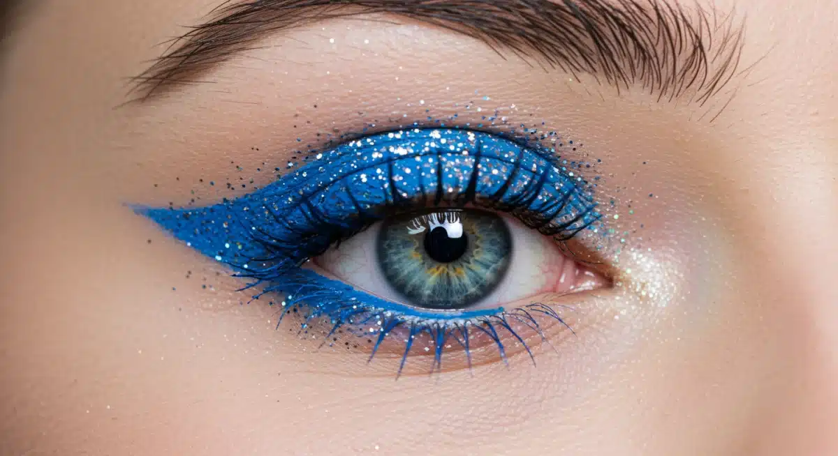 Olho com delineado gráfico azul elétrico e glitter no canto interno, exemplificando uma tendência de maquiagem artística para o verão.