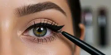 Mulher com delineado gatinho perfeito, destacando um olhar marcante e simétrico.