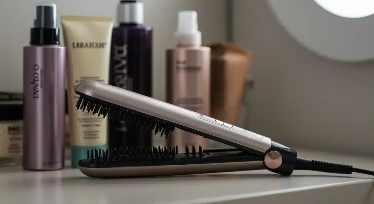 Dispositivo compacto para cabelo com tecnologia iônica em uma penteadeira.