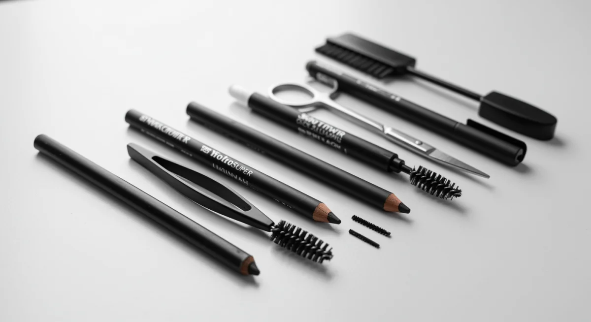 Kit de ferramentas essenciais para modelar sobrancelhas em casa, incluindo pinça, escova e gel.