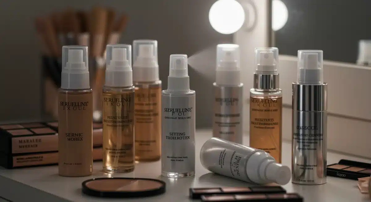 Frascos elegantes de fixadores de maquiagem dispostos em uma penteadeira, prontos para uso.
