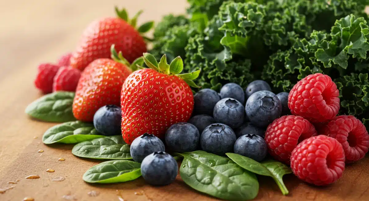 Frutas vermelhas e vegetais folhosos ricos em antioxidantes para a saúde da pele.