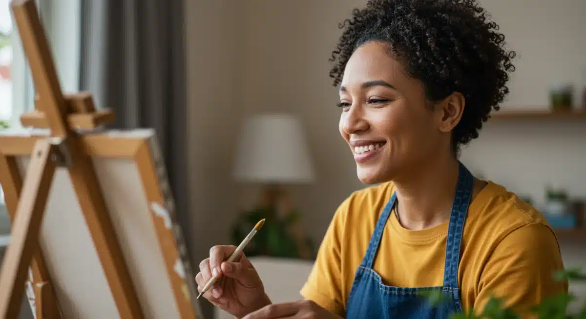 Pessoa envolvida em um hobby analógico, como pintar, expressando foco e satisfação, longe de telas.