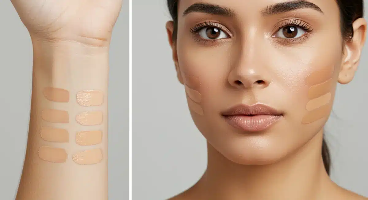 Mão e rosto de mulher mostrando veias para identificação de subtom e teste de base na mandíbula.