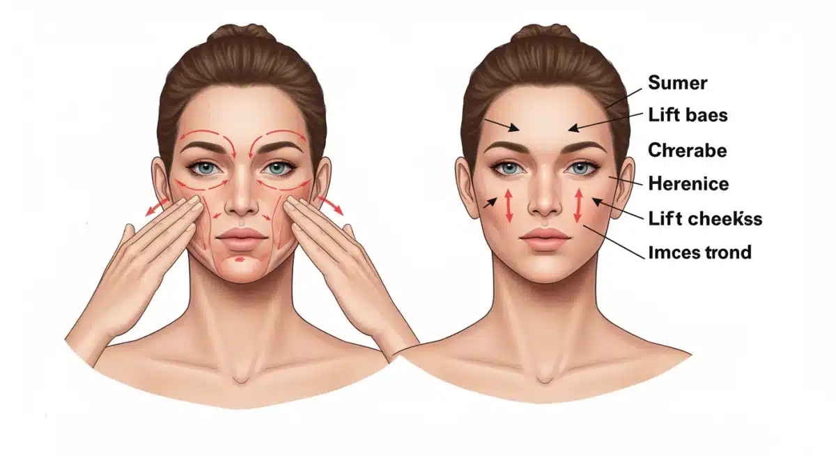 Ilustração detalhada de exercício facial para levantamento das maçãs do rosto.