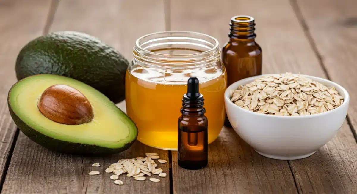 Ingredientes frescos e naturais para máscaras caseiras de beleza: abacate, mel e aveia.