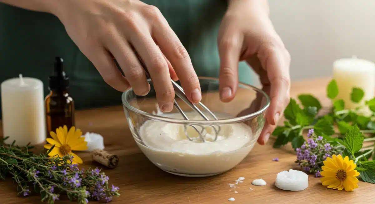 Mãos misturando ingredientes naturais para cosméticos, com ervas e flores ao redor, simbolizando a produção artesanal e ética de produtos de beleza.