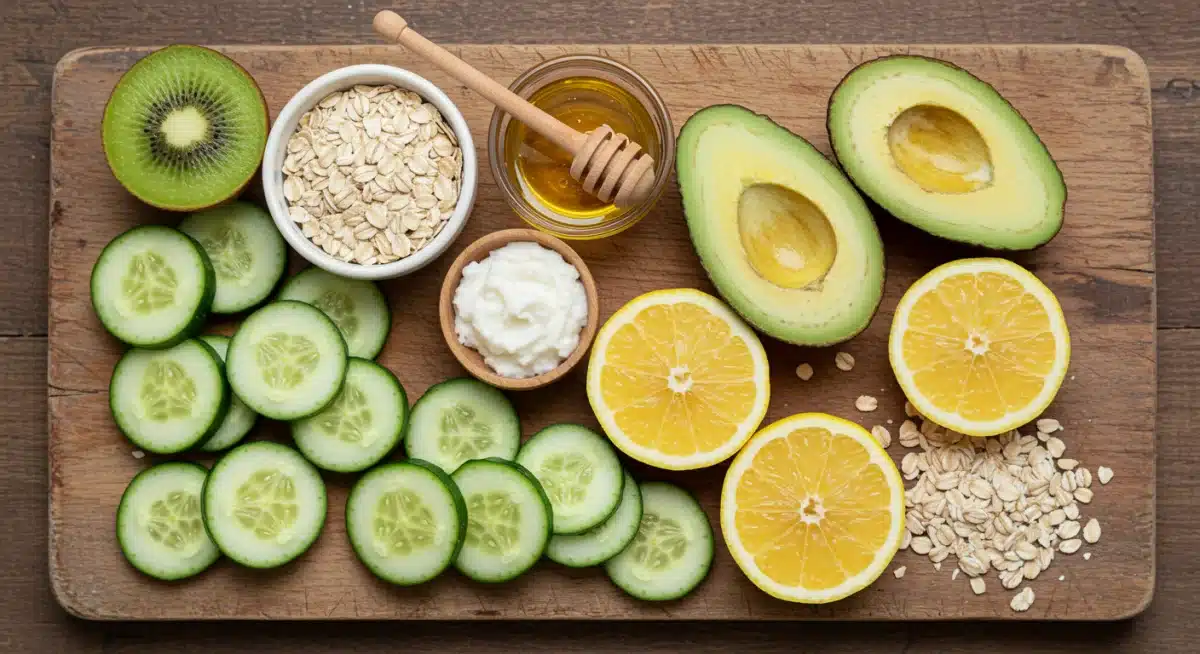 Ingredientes frescos como pepino, abacate, limão, mel e aveia dispostos para uma receita de skincare caseira.