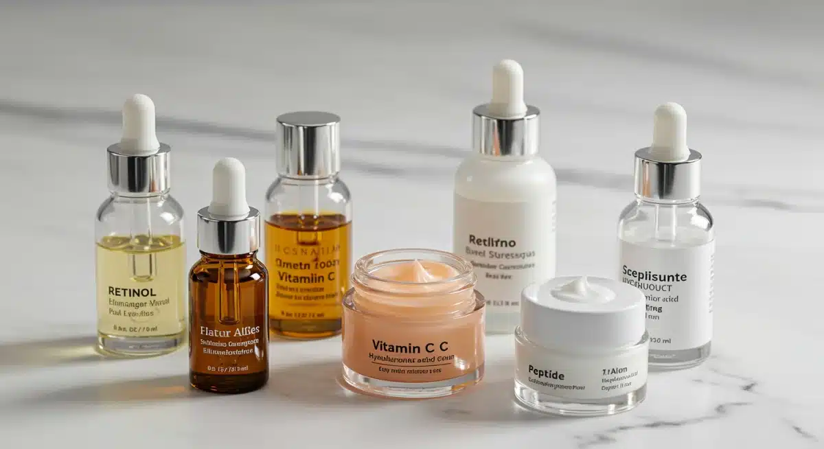 Frascos de retinol, vitamina C, ácido hialurônico e peptídeos, ingredientes-chave para skincare.