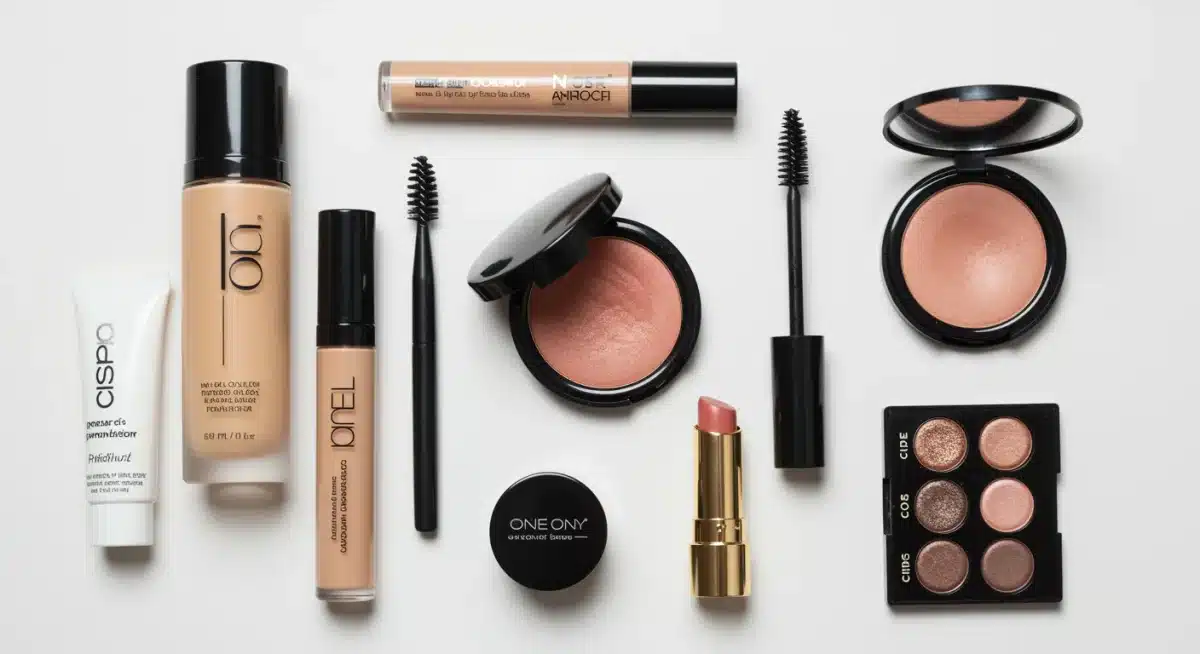 Conjunto de produtos de maquiagem essenciais para o trabalho, dispostos de forma organizada e elegante.