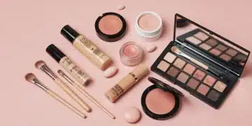 Kit de maquiagem essencial para iniciantes com base, corretivo, rímel, blush e paleta de sombras neutras.