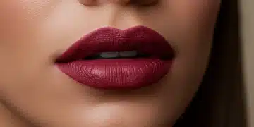 Lábios em Foco: Tendências de Batons e Glosses Outono/Inverno 2025 Lábios com batom vinho matte, destacando as tendências de outono inverno 2025.