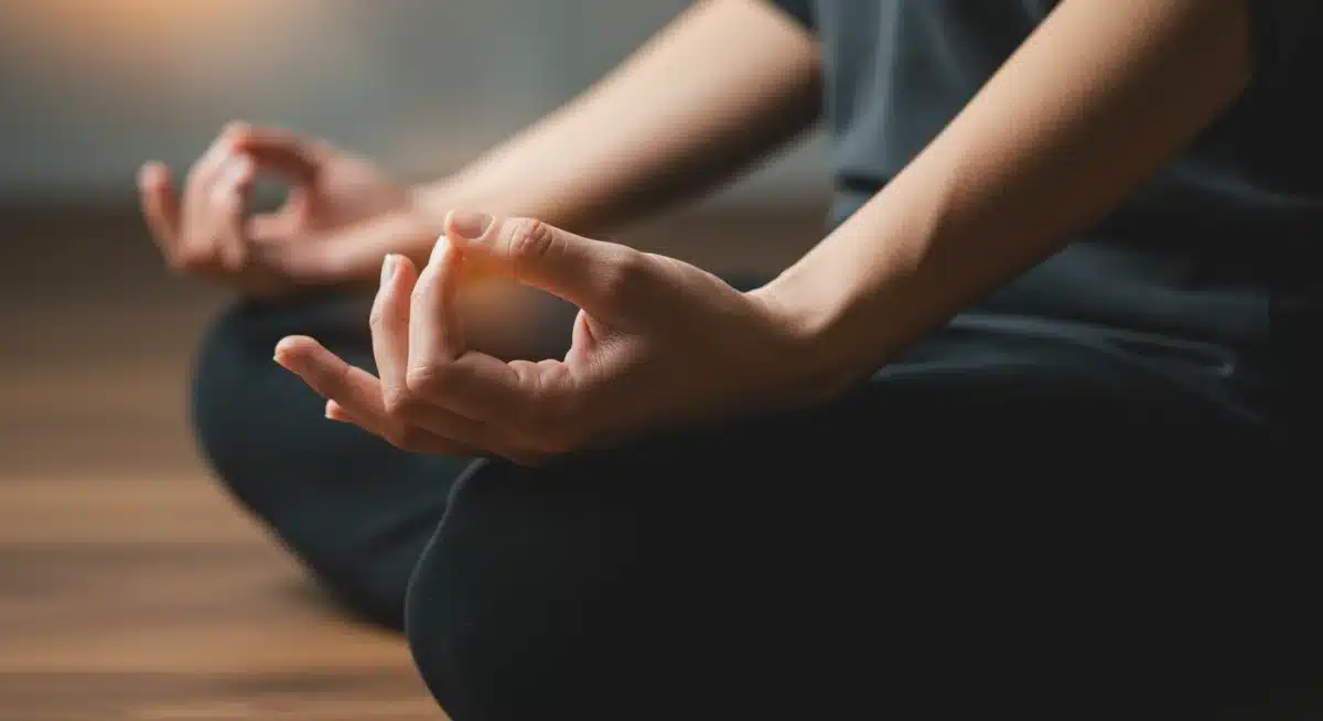 Mãos em posição de mudra durante a meditação, com foco e serenidade transmitidos pela postura.