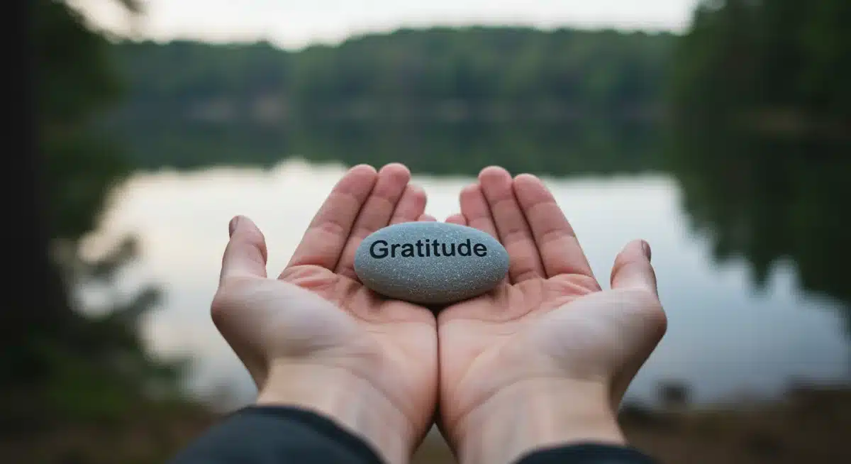 Mãos segurando uma pedra com a palavra 'Gratidão' gravada, em um cenário natural tranquilo, simbolizando apreço.