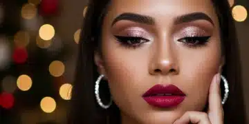 Mulher com maquiagem festiva brilhante e lábios vibrantes, pronta para a festa de 2025.