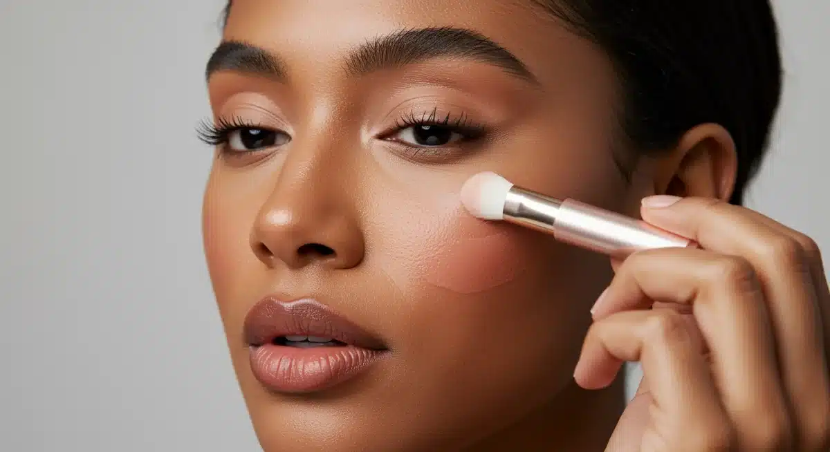 Pessoa aplicando um produto de maquiagem multifuncional no rosto, destacando a versatilidade e economia.