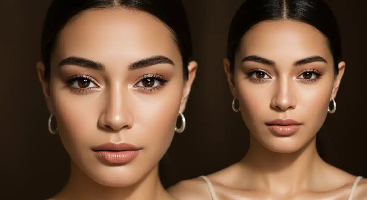 Modelo exibindo maquiagem 'Soft Glam' com brilho sutil e lábios neutros para festas.