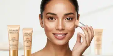 Mulher aplicando base com filtro solar, com pele radiante e protegida