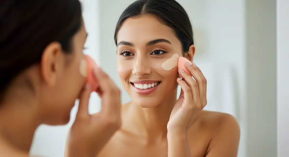 Mulher sorridente aplicando base no rosto com uma esponja de maquiagem, em um banheiro bem iluminado.
