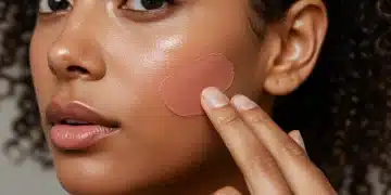 Mulher aplicando blush líquido na bochecha, destacando um acabamento natural e orvalhado.