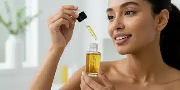 Mulher aplicando óleo facial com um conta-gotas, destacando a pele radiante e saudável