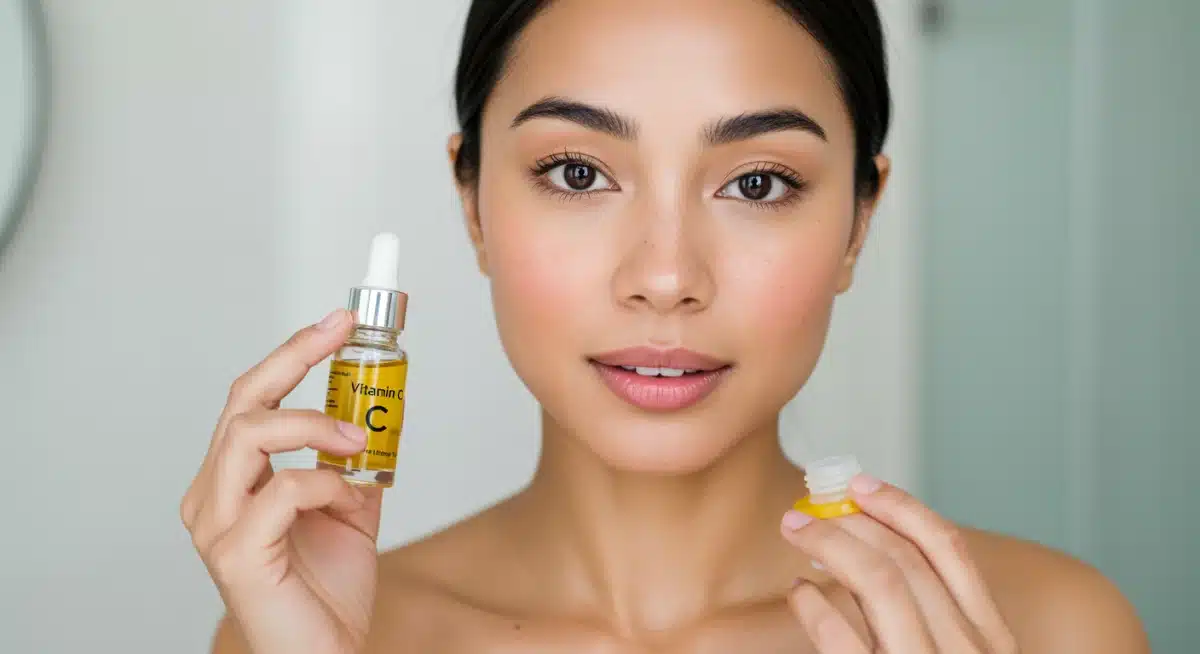 Mulher aplicando sérum de vitamina C na pele do rosto