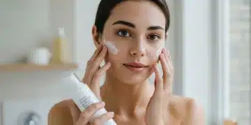 Mulher aplicando produto hipoalergênico em pele sensível, com aspecto calmo e radiante.