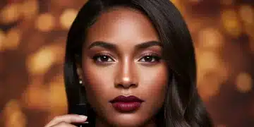 Mulher com batom cor de vinho, maquiagem sofisticada e pele iluminada, representando as tendências de outono 2025.