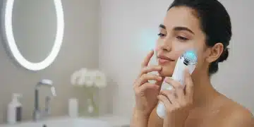 Mulher com pele radiante usando um dispositivo facial tecnológico em um banheiro moderno.
