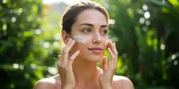 Mulher aplicando hidratante facial em um dia ensolarado no Brasil, com folhas tropicais ao fundo.