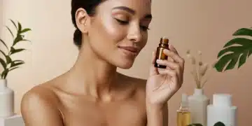 Óleos Essenciais: Beleza, Autoestima e Humor em 2025 Mulher serena inalando óleo essencial, simbolizando beleza e bem-estar