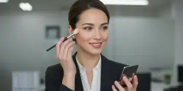 Mulher profissional aplicando maquiagem leve e natural em um escritório moderno, focando na discrição e realce da beleza.