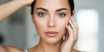 Mulher com maquiagem natural, pele radiante e lábios neutros, simbolizando a beleza sem esforço de 2025.