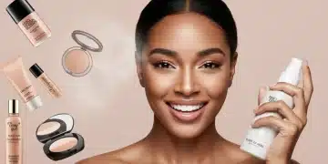 Mulher com maquiagem perfeita e duradoura, sorrindo e demonstrando a eficácia do fixador de maquiagem.